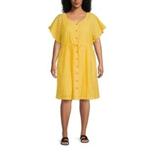 Terra & Sky Lunar Yellow Flutter Sleeves Midi Shirt Dress Sz 2X